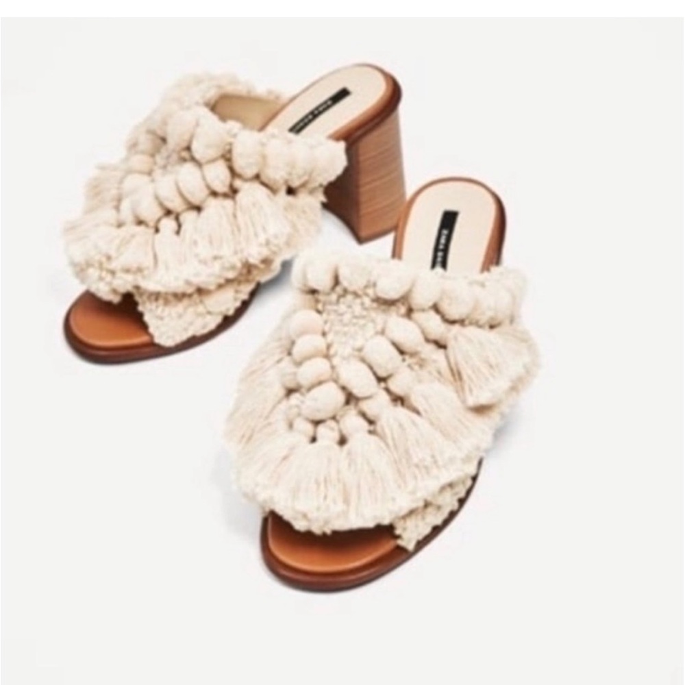 NWT Zara Crochet Pom Pom Embroidered Fringe Stacked Heel - Picture 7 of 11